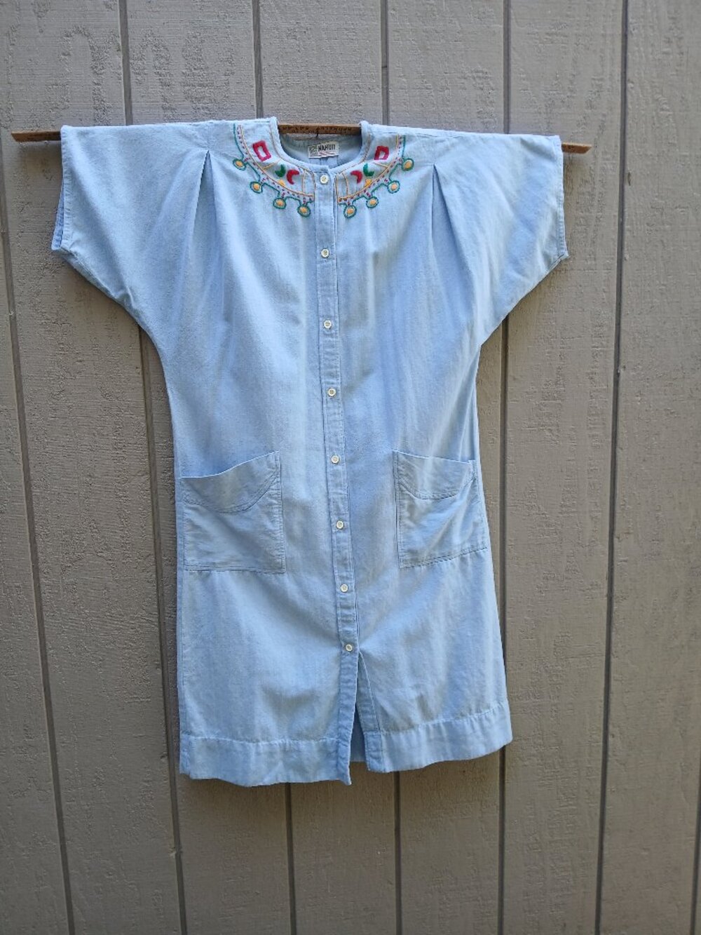 Vtg Nahuit Embroidered Chambray Denim Maxi Folk Art Kaftan Button Midi Dress L